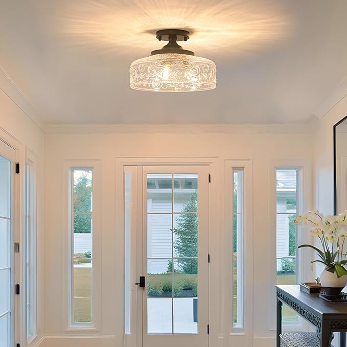 Semi Flush Mount Ceiling Light Fixture, Vintage Matte Black 3-Light Fixture with Etched Crystal Glass Shade for Kitchen,Hallway, Entryway, Bedroom (No E12 Bulbs Included)