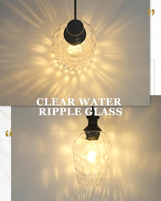 Black Pendant Lights Kitchen Island, Modern Hanging Lights Fixtures with Hand-Blown Hammered Clear Glass, Farmhouse Kitchen Island Lighting Over Sink, AD-24027-1P-BK
