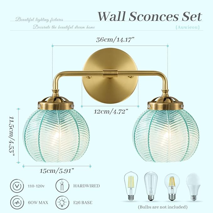 2 light bathroom vanity light gold wall sconce with Blue Glass Shade globe wall sconces mid century wall light vintage wall sconce art deco Bathroom Lights Over Mirror for Bedroom Hallway Living Room