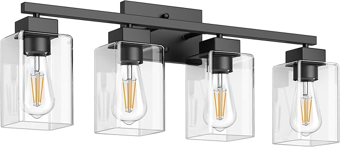 PARTPHONER 4-Light Bathroom Light Fixtures, Matte Black Modern Vanity Lights, Bathroom Lighting Fixtures Over Mirror, Square Design Farmhouse Wall Sconces with Clear Glass Shades