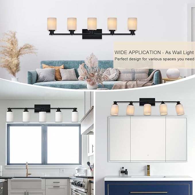 TODOLUZ Black Track Lighting Kit, 5-Lights Directional Spotlight with Opal White Glass, Kitchen Ceiling Light Fixtures for Dining Room Kithen Island Cloakroom