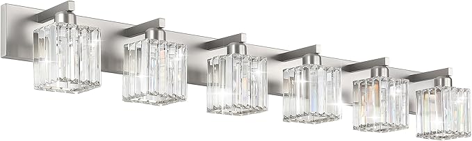 Aipsun Brushed Nickel Bathroom Light Fixtures 6 Light Vanity Lighting Fixture Crystal Modern Bathroom Vanity Light (Exclude Bulb)