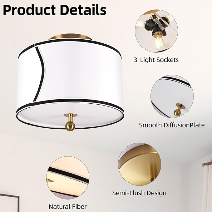 12.6" Drum-Shaped White Fabric Flush Mount Ceiling Light with 3-Light Fixture, Recessed Roll-in Installation, Ideal for Living Room, Bedroom, Bathroom, Farmhouse Foyer