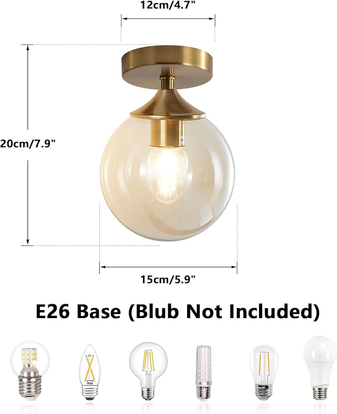 KCO Lighting Amber Glass Globe Flush Mount Ceiling Light Antique Brass Semi Flush Mount Ceiling Light Small Hallway Light Fixtures Ceiling