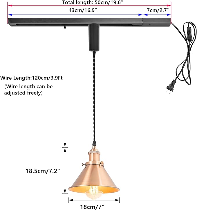 1x Plug in Cable Track Rail, 2X Adjustable Cord Red Copper Track Lighting Fixtures E26 Base H-Type Vintage Design for Kitchen Loft(No Bulb)