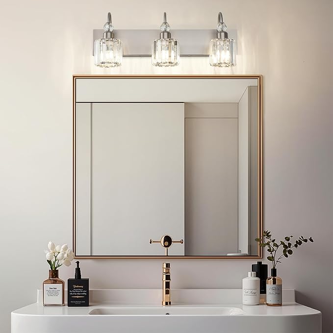 Ralbay Brushed Nickel Vanity Light for Bathroom Crystal 3-Light Modern Bathroom Light Fixtures