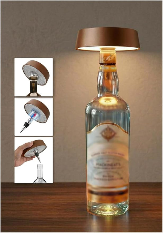 Wireless Bottle Lamp Shade, Rechargeable Wine Bottle Lights for Liquor Bottles, RGB, Touch Control 3 Color Temperatures, Dimmable, Outdoor Waterproof, Restaurant & Home Bar Décor, Gift, Brown 1Pc