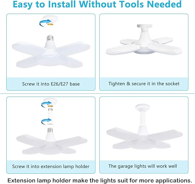 4 Pack LED Garage Lights, 6000LM 60W Deformable Shop Light with 4 Adjustable Panels, 6000K Garage Lights Ceiling Led, E26 Base - 360° Foldable Design for Warehouse/Basement/Workshop