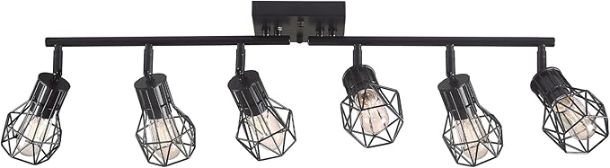 Black Track Lighting Fixtures Ceiling,6-Light Farmhouse Track Lighting with Metal Cage Design – Kitchen Lights Ceiling Mount for Kitchen, Living Room, Dining Room (E26 Base)