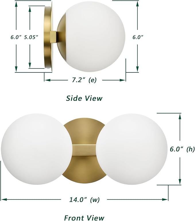 Gold Bathroom Vanity Light Fixtures, Modern 2 Lights Aged Brass Globe Wall Sconce Lighting, Porch Wall Mount Light Fixture for Bathroom, Mirror Cabinets Hallway Stairs