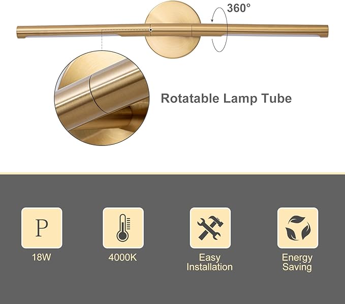Gold Bathroom Light Fixtures Over Mirror 24 Inch, 18W 360° Rotatable Dimmable 4000K Led Brass Vanity Lighting Fixture, Brushed Gold Bathroom Vanity Lights Above Mirror