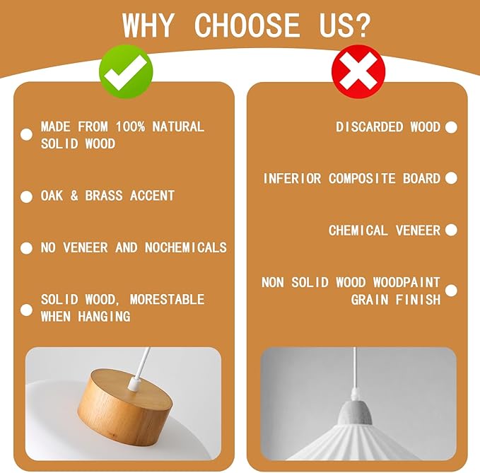 Modern Pendant Light with Real Wood Cap - 12.6” White Hanging Light Fixture for Kitchen Island, Dining Room Table - Adjustable Height Ceiling Light with E26 Socket - Scandinavian Style