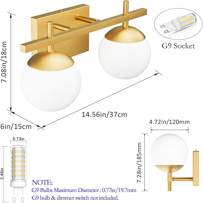 Ralbay 2-Light Gold Vanity Light Mid Century Modern Bathroom Vanity Light Fixture Milky Glass Globe Bathroom Wall Light Fixtures Gold 2 Light