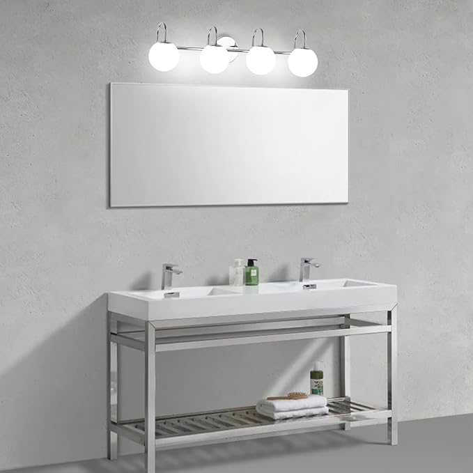 Chrome Mid Century Modern 4-Light Bathroom Light Fixtures Over Mirror, Vanity Wall Sconces With Globe Frosted Milk Glass