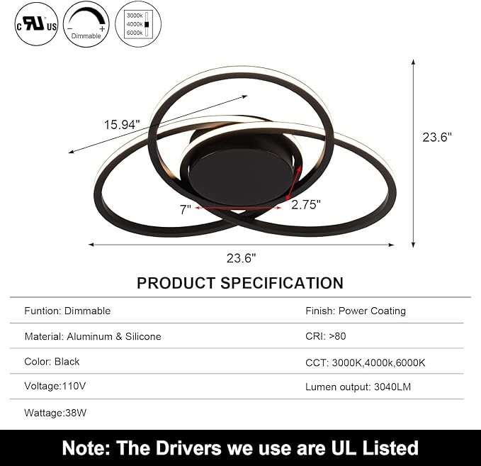 MADEM Room Decor 23.6'' Modern LED Ceiling Light Dimmable Flush Mount for Bedroom Black LED Chandelier Close to Ceiling Light for Living Room Dining Room Kitchen Hallway, 38W 3000K-6000K