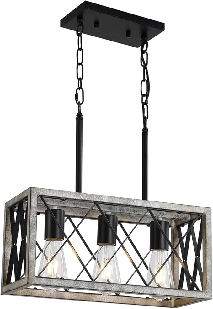 KEESFU Farmhouse Kitchen Island Lighting Ceiling, 3 Lights Pendant Lighting Fixtures, Adjustable Height, Industrial Dining Room Light