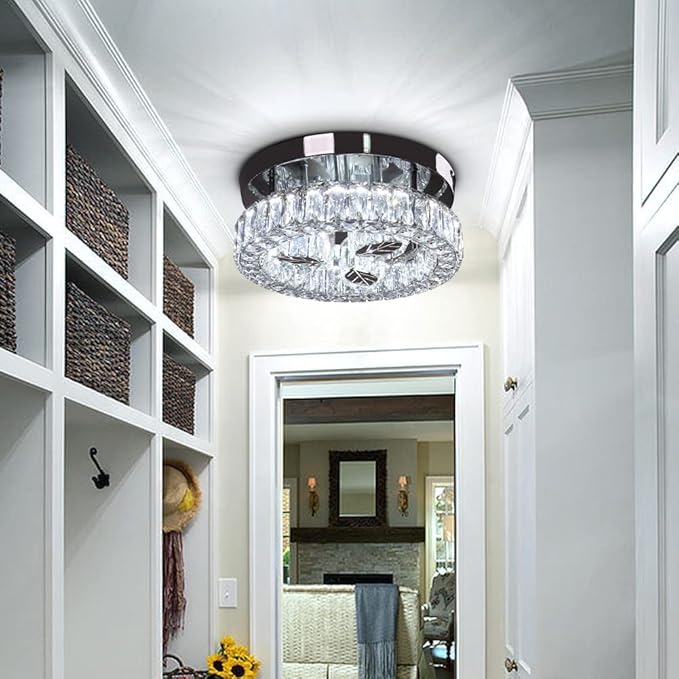 Finktonglan Crystal Flush Mount LED Ceiling Light, 11.6" Round Modern Flush Mount Ceiling Light, 30W 6500K Cool White, K9 Crystal & Stainless Steel, Non-Dimmable