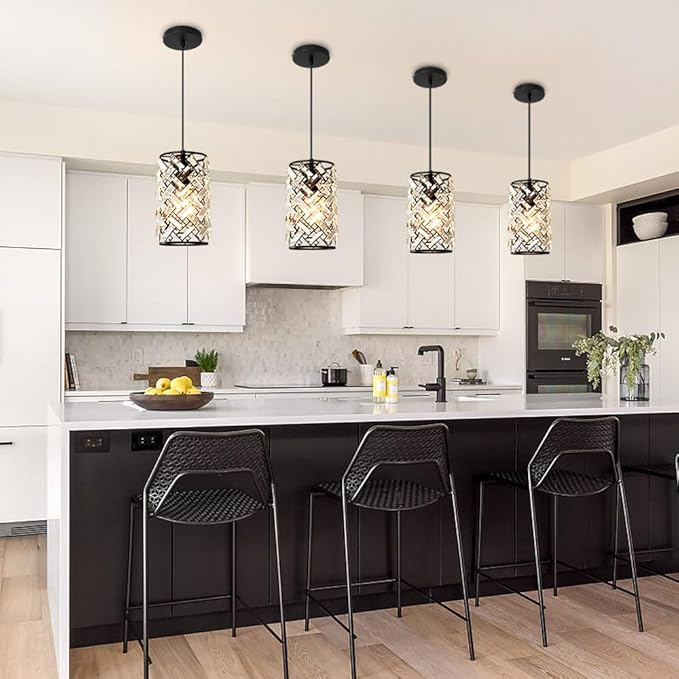 Black Pendant Lights Kitchen Island, Mini Crystal Modern Kitchen Pendant Lighting Over Sink with 10.2" Clear Glass Shade Chandeliers, Adjustable Pendant Light Fixture for Dinning Room Bedroom Entryway