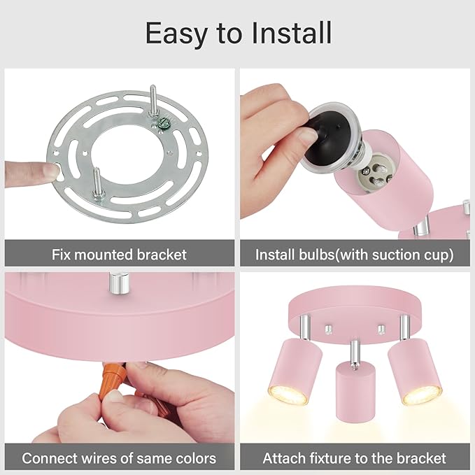 BoostArea LED 3 Light Track Lighting Kit, LED Track Lighting Fixtures, Pink Round Ceiling Spot Lighting, Flexibly Rotatable Light Head for Kitchen, Living Room, Bedroom, GU10 Bulb Not Included