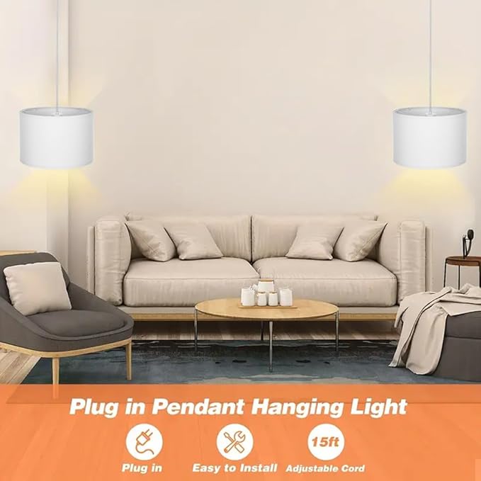 ZSLAIFU 15FT Plug in Pendant Light with Switch,Hanging Lamp with Plug in Cord, Hanging Light Pendant Lamp with Remote Control，Pendant Light Fixture for Living Room Bedroom Farmhouse (White x2)