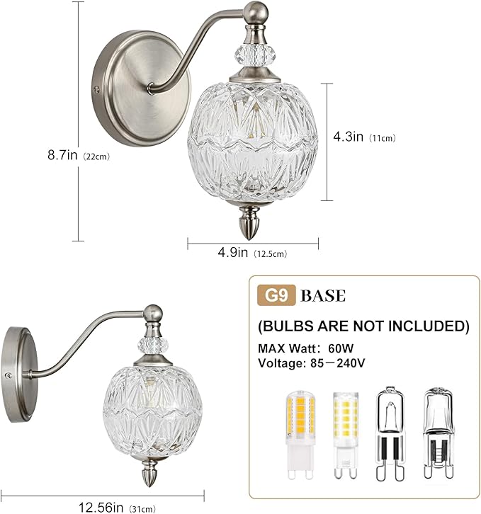 1 Piece Brushed Nickel Wall Sconce, 1-Light Mid Century Modern Brushed Nickel Finish Wall Sconce with Globe Glass Shade, Modern Light for Bathroom, Bedroom, Living Room,Powder Room