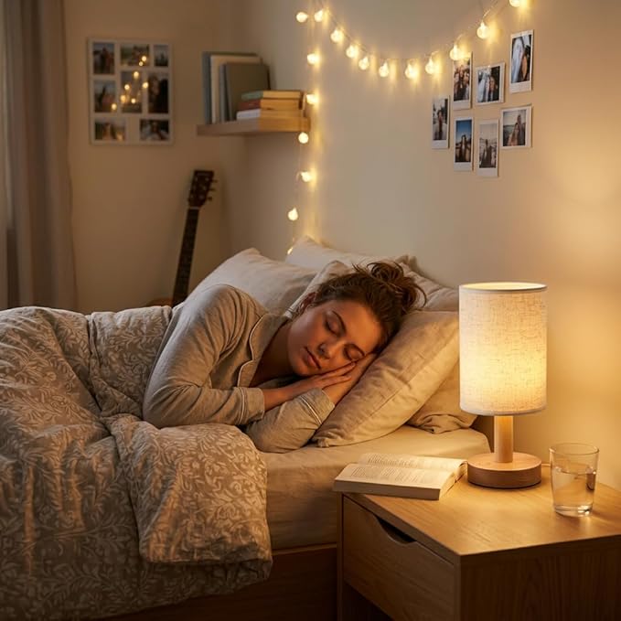 Small Cordless Bedside Table Lamp, Rechargeable 2200mAh Battery Powered Lamp with Touch Control, 2700K Warm Dimmable Lamp Natural Wood Base Linen Shade for Bedroom Dorm Nursery Outdoor Patio Camping