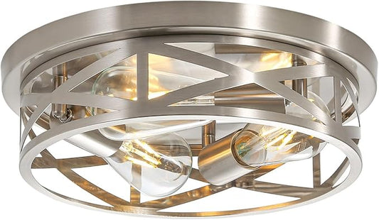 3-Light Close to Ceiling Light Fixtures, 13 Inch Brushed Nickle Flush Mount Ceiling Light Modern Indoor Metal Cage Cross Ceiling Lights for Kitchen Bedroom Laundry Bathroom Foyer Hallway Office
