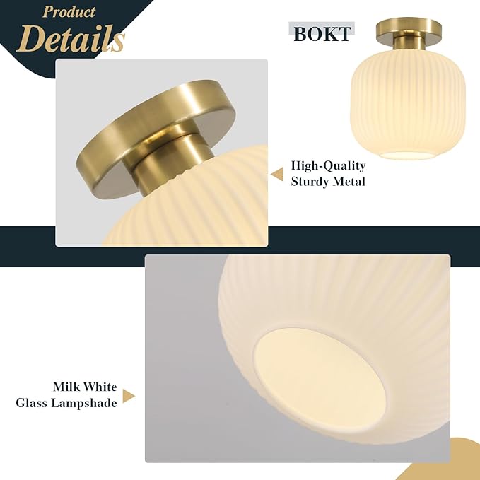 BOKT Modern Ceiling Light Brushed Brass Milk White Ribbed Glass Pendant Light Gold Semi Flush Mount Nursery Light Fixture 7.9" for Hallway, Entrance, Schoolhouse