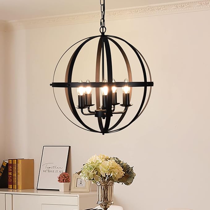 DLLT Pendant Light Metal, 5-Light Globe Pendant Lighting, Adjustable Hanging Ceiling Chandelier Light Flush Mount for Kitchen, Dining Room, Living Room, Hallway, Bedroom, Entryway, E12-Matte Black