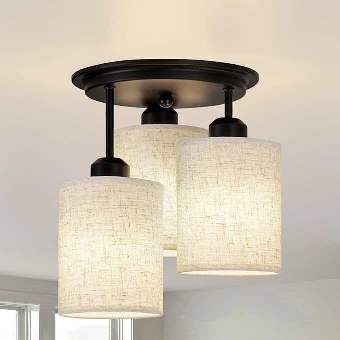 Semi Flush Mount Ceiling Light, 3-Light Close to Ceiling Light Fixtures, Matte Black Kitchen Light Fixtures with Linen Fabric Shade, Hallway Light Fixtures Ceiling Mount for Foyer Entryway
