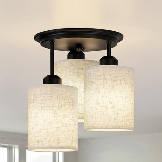 Semi Flush Mount Ceiling Light, 3-Light Close to Ceiling Light Fixtures, Matte Black Kitchen Light Fixtures with Linen Fabric Shade, Hallway Light Fixtures Ceiling Mount for Foyer Entryway