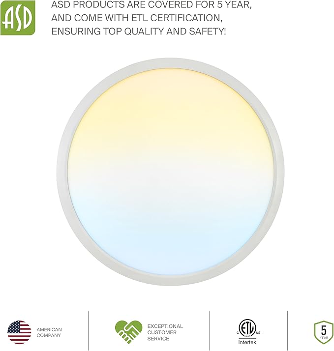 ASD LED 24" Round Flush Mount Ceiling Light Fixture, Low Profile Surface Lighting | 5CCT, Dimmable, Ultra-Thin, ETL Listed | 38W 2700LM 2700-6000K 100-277V | Kitchen, Hallway Lamp | White, 4 Pack