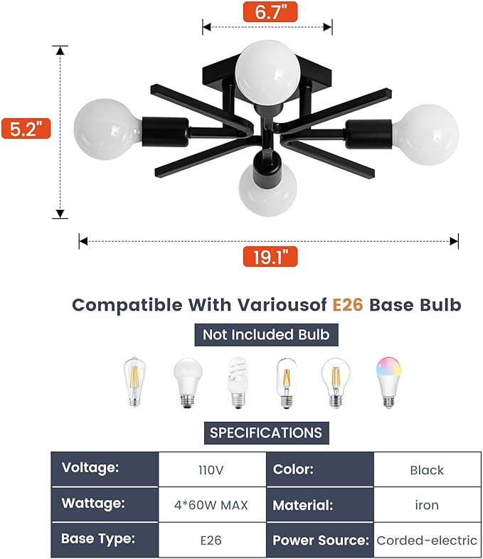 4-Light Sputnik Light Fixture Black Flush Mount Lights Industrial Semi Flush Lighting Fixtures Ceiling 19 inch Modern Farmhouse Ceiling Lights for Kitchen Bedroom Bathroom Foyer Hallway (E26)