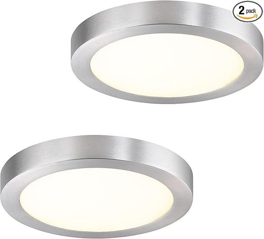 Flush Mount Ceiling Light Fixture, 7 Inch LED Modern Kitchen Light, Metal and Glass, Slim Dimmable Brushed Nickel Ceiling Light for Low Ceiling, 17W, 3000K, 2 Pack