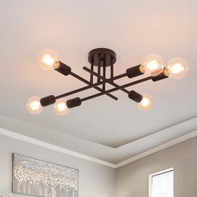 Industrial 6-Light Semi Flush Mount Ceiling Light Fixture, Oil Rubbed Bronze Modern Ceiling Lights, Rustic Sputnik Ceilings Lamp for Living Room Hallway Foyer Entryway