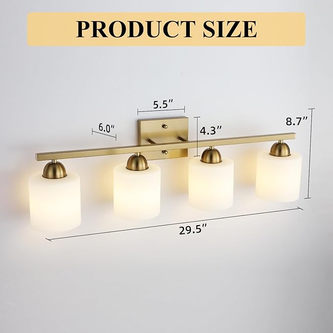 Mecgirn Stainless Steel Milk Glass Vanity Lights for Bathroom, 4 Light Gold Bathroom Light Fixtures Over Mirror, Ceramic E26 Sockets Wall Mounted