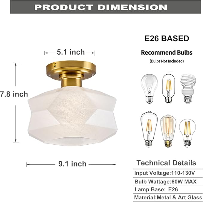 9.1" Schoolhouse Semi Flush Mount Ceiling Light Fixture, Frosted Glass Shade, Modern Farmhouse Light Fixtures for Living Room, Bedroom, Kitchen, Hallway, Laundry