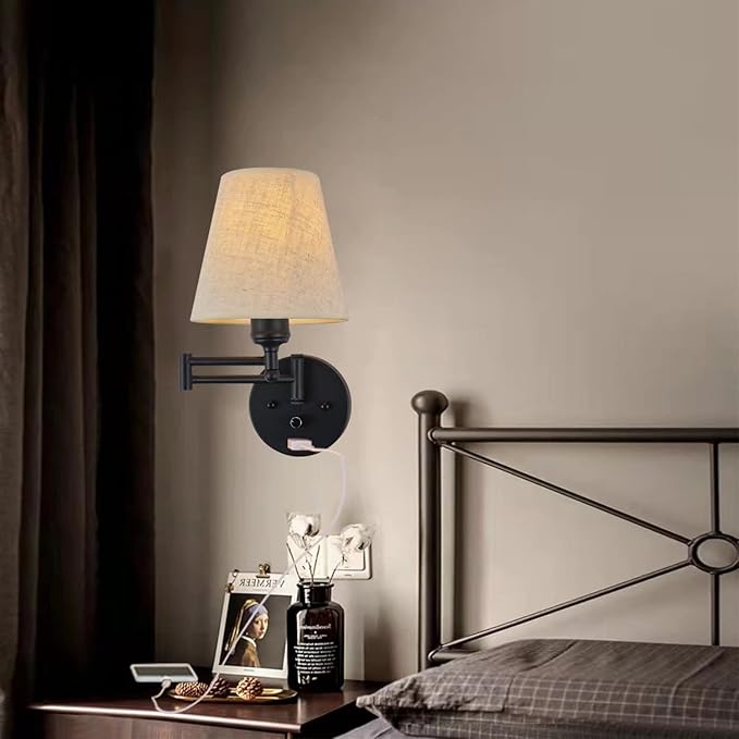 Bedside Wall Mount Light with Dimmable Switch and USB Port, Black Wall Sconce Light with Swing Arm and Plug in Cord, Fabric Shade Wall Lamp Perfect for Bedroom, Living Room and Hotel