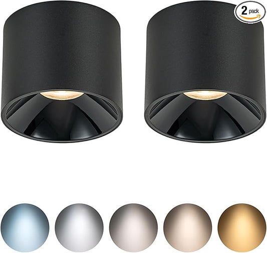 12W 5CCT Modern Led Ceiling Spotlights Indoor Dimmable 2700K-3000K-3500K-4000K-6000K Selectable, 4.72" Black Cylinder Ceiling Spot Light CRI 95+ Mini Led Spot Lights Fixtures, 2 Pack