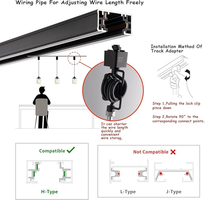 mirrea H Type Cord Adjustable Black Track Lighting Pendant with Clear Glass Shade Pack of 1