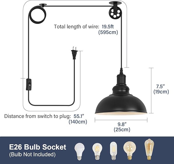 Industrial Black Plug in Pulley Pendant Light with 19.5ft Cord On/Off Switch, Modern Barn Domed Hanging Lamp Ceiling Light for Kitchen Island Dinning Living Room Bedroom Foyer (2 Pack)