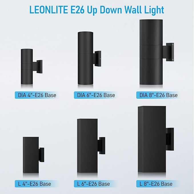 LEONLITE Modern Outdoor Rectangular Wall Lights 22", Up and Down Porch Patio Lights, Matte Black Waterproof Wall Sconce, Aluminum, E26 Base, Exterior Light Fixture Wall Mount, ETL, Pack of 2