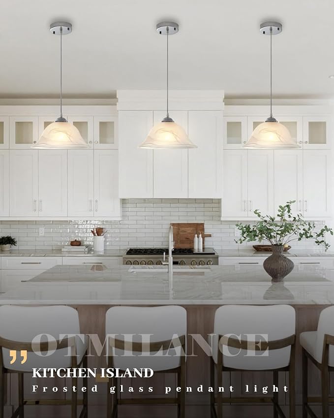 Chrome Pendant Lights Kitchen Island, 11.8 Inch Vintage Alabaster Glass Pendant Lights, White Farmhouse Pendant Light 2 Pack, Glass Pendant Light for Dinning Room, Living Room，Bedroom