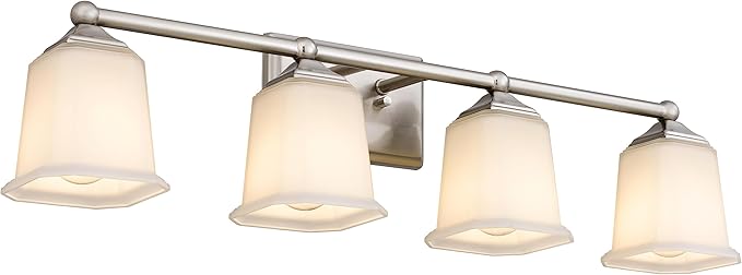 Tawson Nox Vintage 4-Light Vanity Light Modern Wall Sconce Lighting Brushed Nickel with White Glass Shade for Bathroom, Hallway, Entryway, Kitchen, Mirror, Laundry Room
