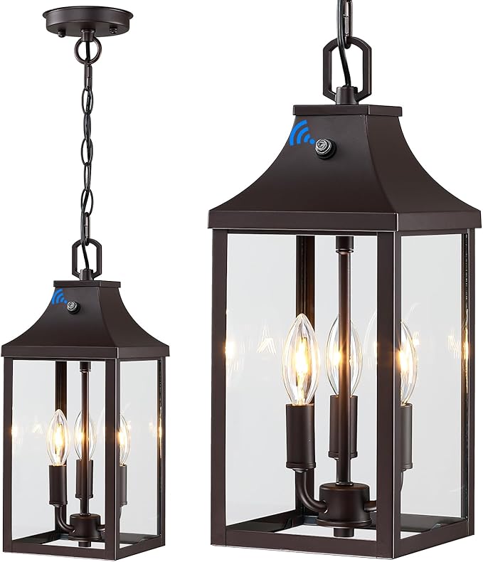 15.5'' Large Outdoor Pendant Light Fixtures 3-Light, Dusk to Dawn Exterior Hanging Lantern Porch Light Adjustable, Brown Hanging Lamp Farmhouse Exterior Chandelier Ceiling Mount for Entrance Patio