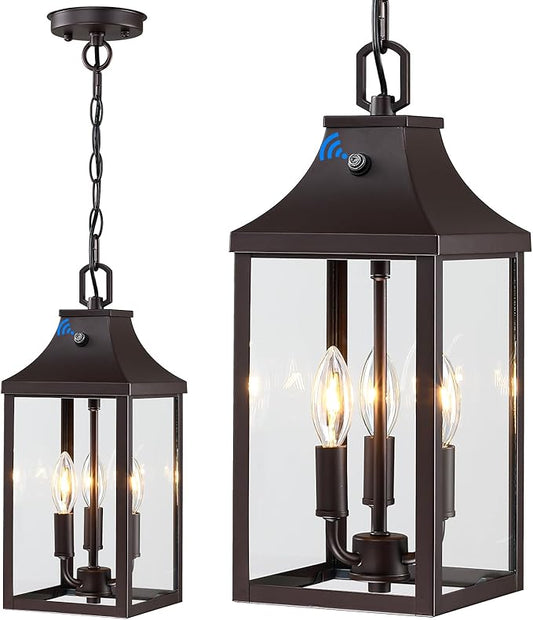 15.5'' Large Outdoor Pendant Light Fixtures 3-Light, Dusk to Dawn Exterior Hanging Lantern Porch Light Adjustable, Brown Hanging Lamp Farmhouse Exterior Chandelier Ceiling Mount for Entrance Patio