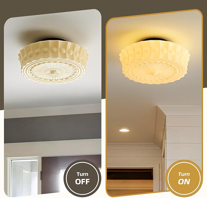Schoolhouse Vintage Glass Ceiling Light - 14 Inch Cream Yellow Mid Century Modern Flush Mount Lighting Fixtures - Antique Art Deco Lamp for Bedroom Kitchen Entryway Laundry Hallway Foyer Bathroom Hall