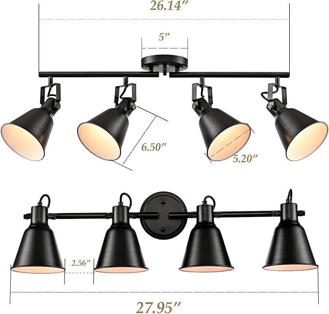 DIRYZON 4-Light Industrial Matte Black Adjustable Round Track Lighting, Semi Flush Mount Ceiling Light with Multi-Directional Heads for Kitchen, Living Room, Bedroom, Hallway, Dimmable