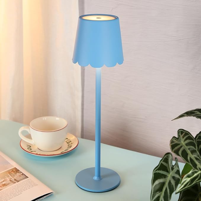 Pickmesh 1 Pack Scalloped Touch Cordless Table Lamp Rechargeable 4000mah Battery 3 Color Stepless Dimmable Portable LED Desk Light for Mahjong Gift Bedroom Wedding Bars Outdoor Party Home Decor(Blue)