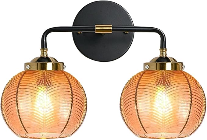 Mid Century Light Fixture Bathroom Wall Sconce 2-Lights with Amber Ribbed Glass Shade Globe Wall Mount Light Modern Vanity Lights for Over Mirror Bedroom Hallway Overhead